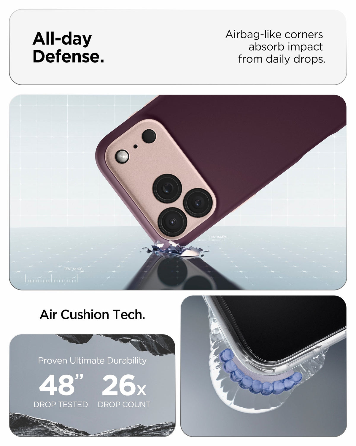 ACS09967 - iPhone 17 Pro Case Nano Pop (MagFit) in burgundy bean showing the all day defense with airbag like corners that absorb impact from daily drops