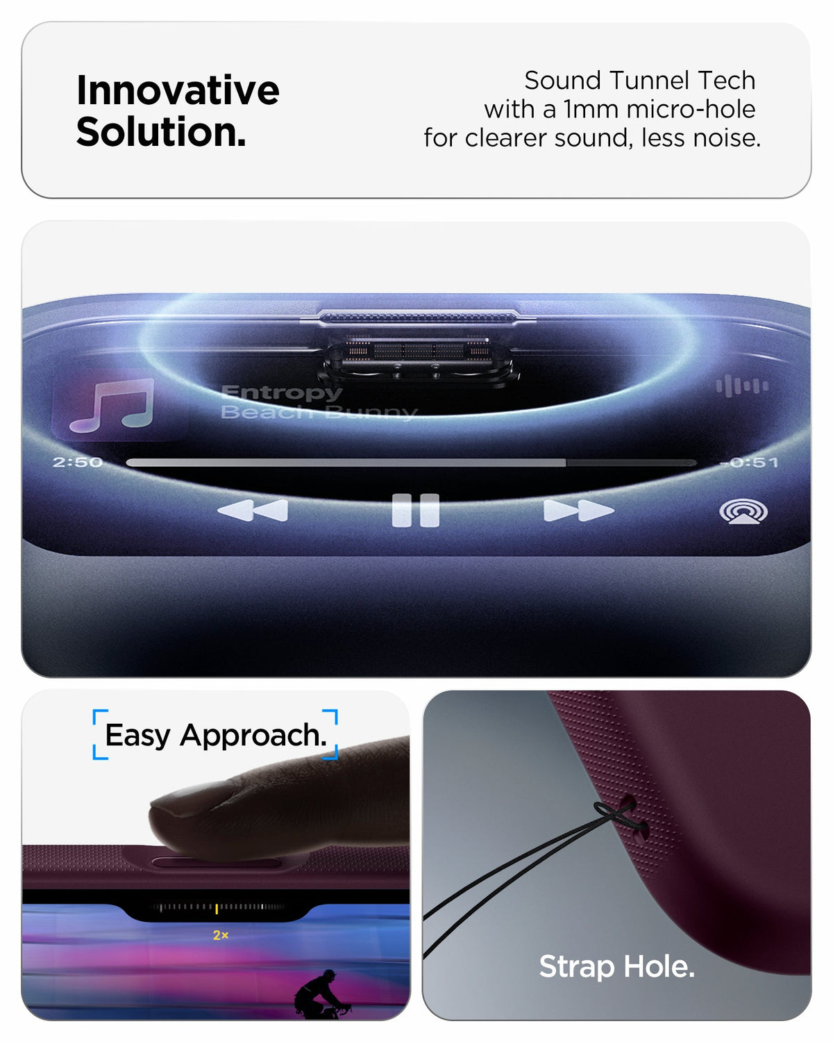 ACS09967 - iPhone 17 Pro Case Nano Pop (MagFit) in burgundy bean showing the innovative solution. Sound tunnel tech with a 1mm micro-hole for clearer sound, less noise
