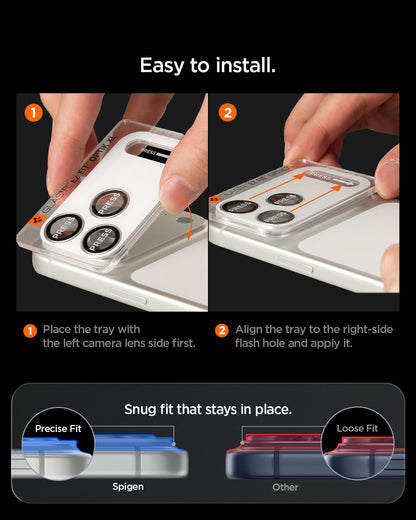 AGL12036 - iPhone 18 Pro Optik Pro XL EZ Fit Lens Protector in Dark Cherry showing a two-step installation process using the alignment tray for a precise and secure fit.