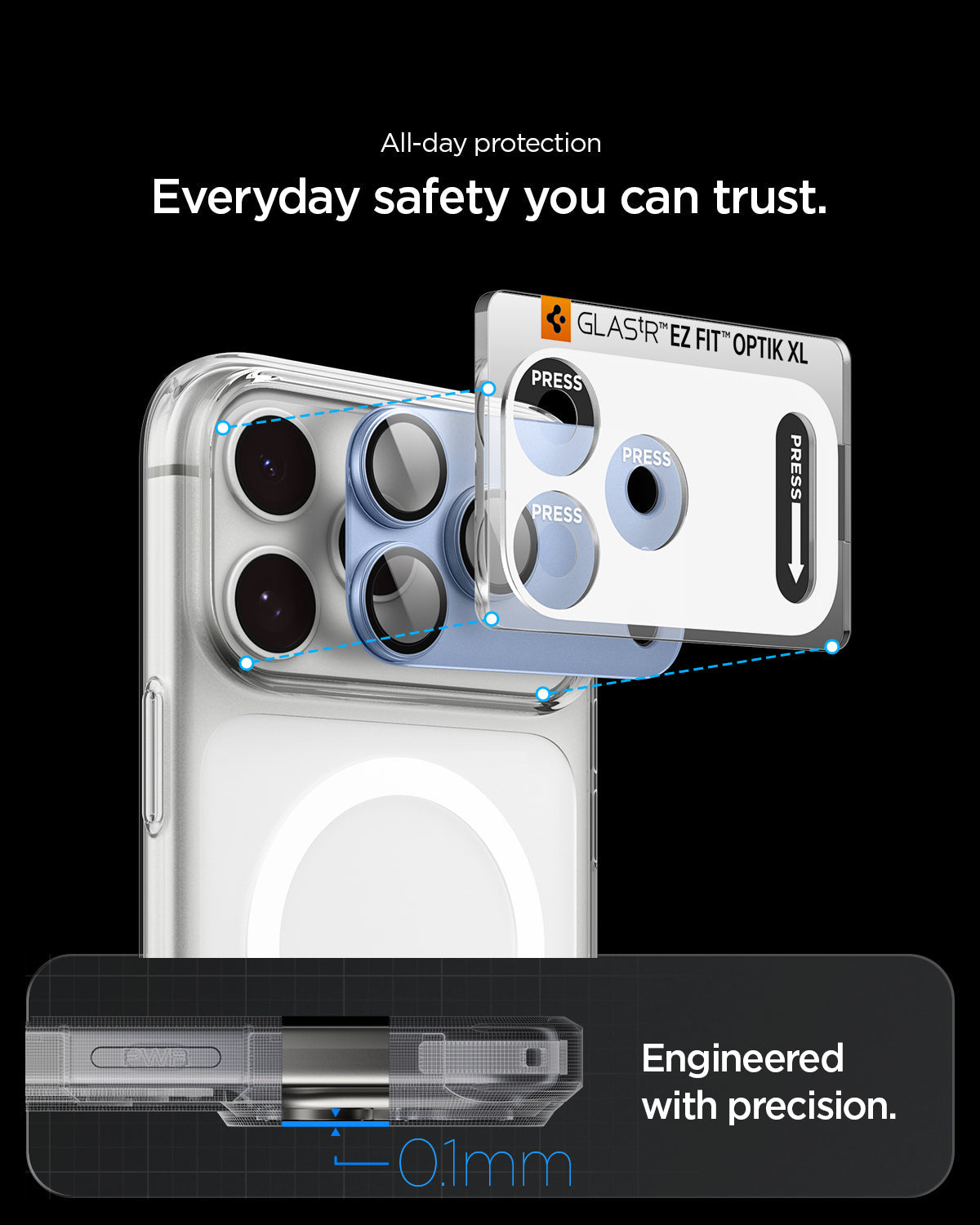 AGL12041 - iPhone 18 Pro Max Optik Pro XL EZ Fit Lens Protector in Glacier showing precise alignment and close fit between the lens protector and an open camera case.