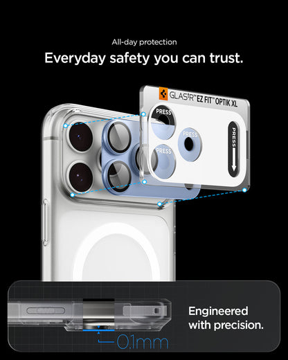 AGL12041 - iPhone 18 Pro Max Optik Pro XL EZ Fit Lens Protector in Glacier showing precise alignment and close fit between the lens protector and an open camera case.
