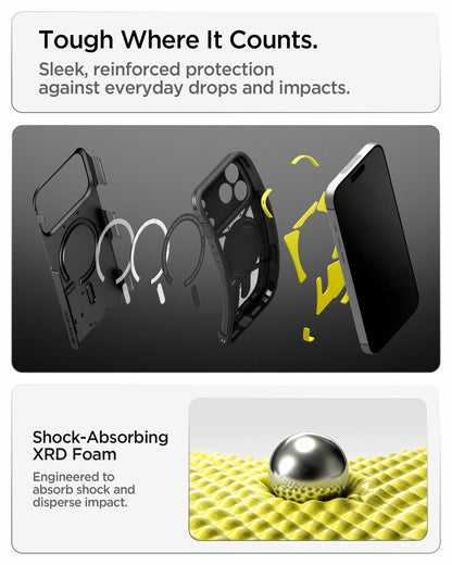ACS09950 - iPhone 18 Pro / iPhone 17 Pro Tough Armor T Mag Fit Black showing a layered protective structure with shock-absorbing foam engineered to disperse impact