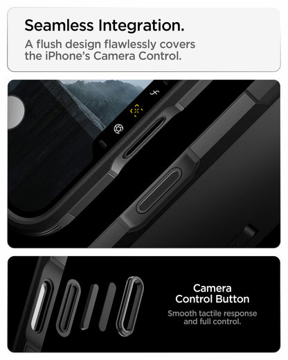 ACS09950 - iPhone 18 Pro / iPhone 17 Pro Tough Armor T Mag Fit Black showing a flush camera control button design for smooth tactile response and full control