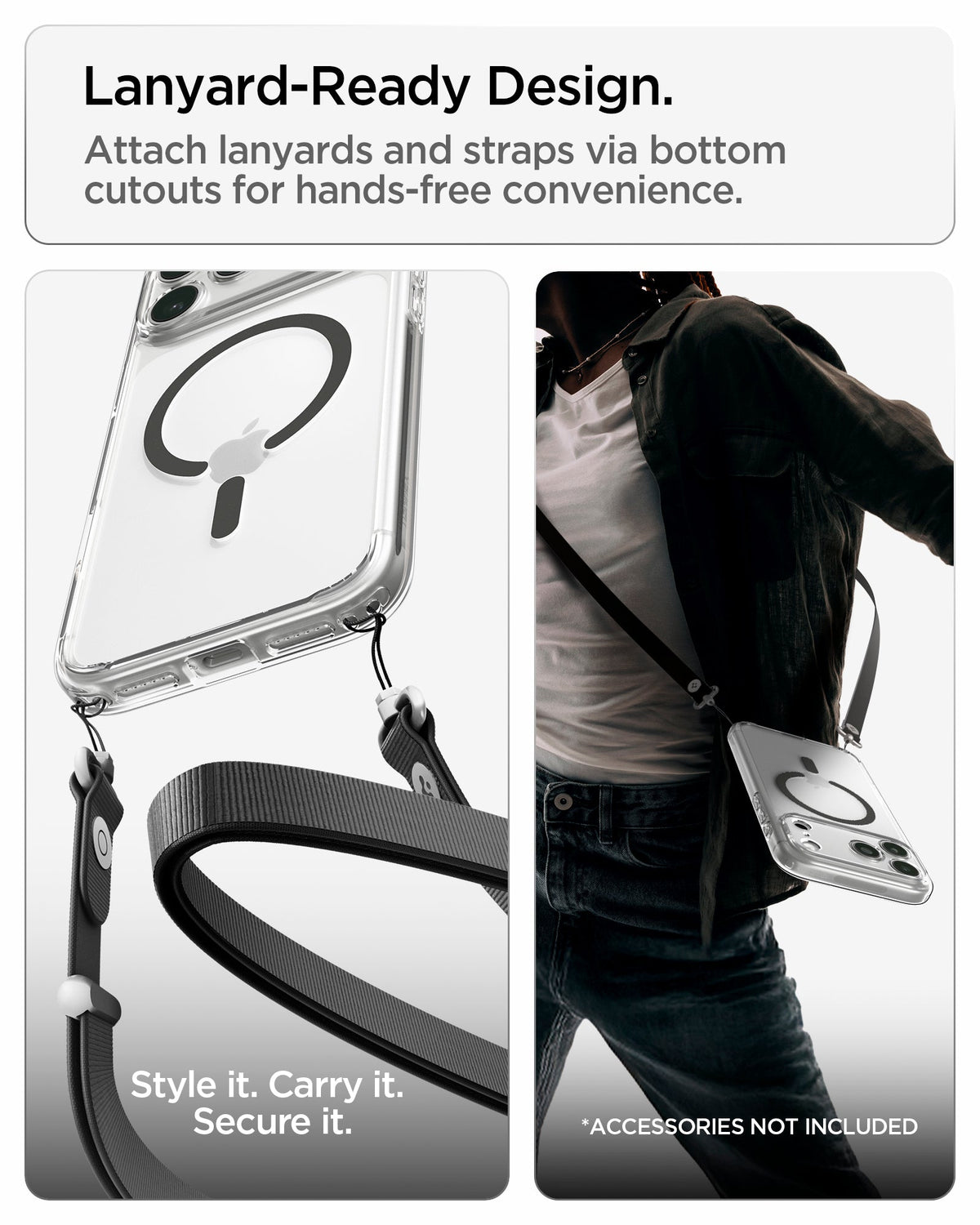 ACS10067 - iPhone 18 Pro / iPhone 17 Pro Ultra Hybrid (MagFit) in Clear Graphite showing bottom lanyard cutouts for attaching straps and hands-free carrying convenience