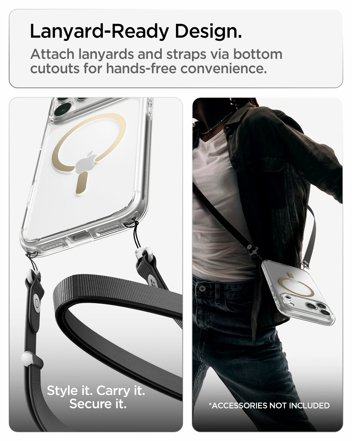 ACS10068 - iPhone 17 Pro Ultra Hybrid (MagFit) in Clear Gold showing bottom lanyard cutouts for attaching straps and hands-free carrying convenience