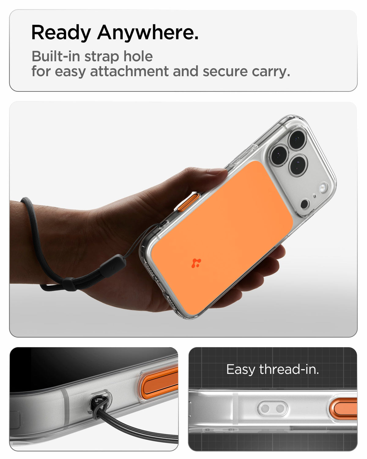 ACS10471 - iPhone 18 Pro / iPhone 17 Pro Ultra Hybrid T (Mag Fit) in Glossy Orange showing ready anywhere. built in strap hole for easy attachment and secure carry