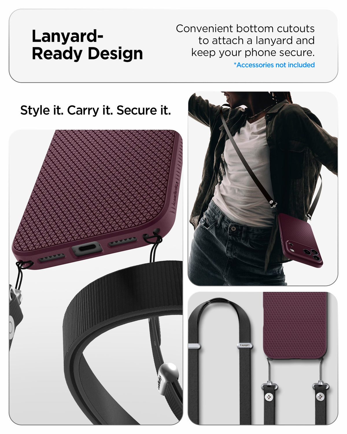 ACS12334 - iPhone 18 Pro Max / iPhone 17 Pro Max Liquid Air in Dark Cherry showing lanyard ready design. convenient bottom cutouts to attach a lanyard and keep you phone secure. style it, carry it, secure it
