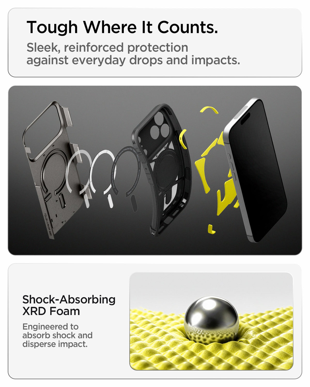 ACS09898 - iPhone 18 Pro Max / iPhone 17 Pro Max Tough Armor T Mag Fit Gunmetal showing a layered protective structure with shock-absorbing foam engineered to disperse impact