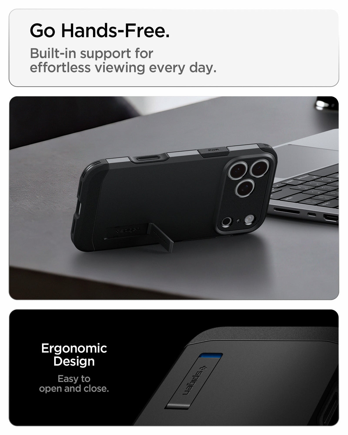 ACS09897 - iPhone 18 Pro Max / iPhone 17 Pro Max Tough Armor T Mag Fit Black showing the integrated kickstand for hands-free viewing with an ergonomic open-and-close design