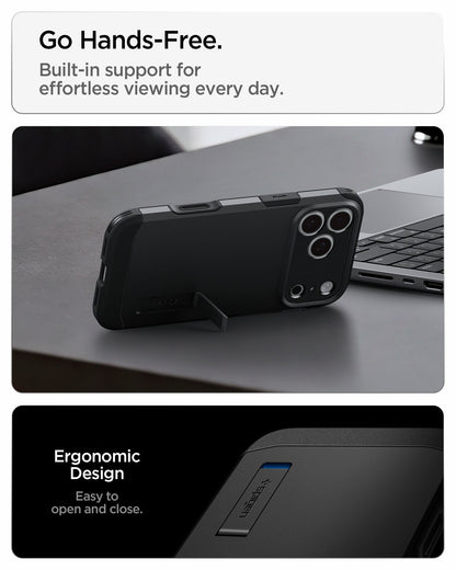 ACS09897 - iPhone 18 Pro Max / iPhone 17 Pro Max Tough Armor T Mag Fit Black showing the integrated kickstand for hands-free viewing with an ergonomic open-and-close design