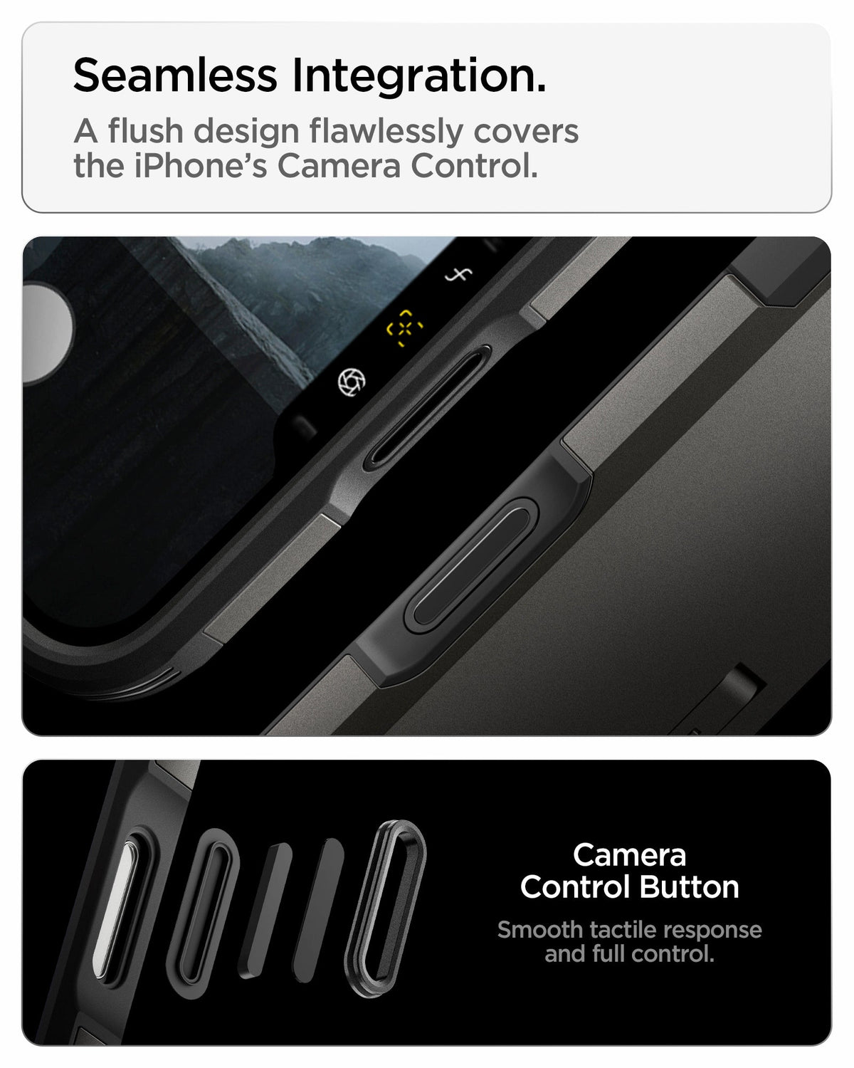 ACS09898 - iPhone 18 Pro Max / iPhone 17 Pro Max Tough Armor T Mag Fit Gunmetal showing a flush camera control button design for smooth tactile response and full control