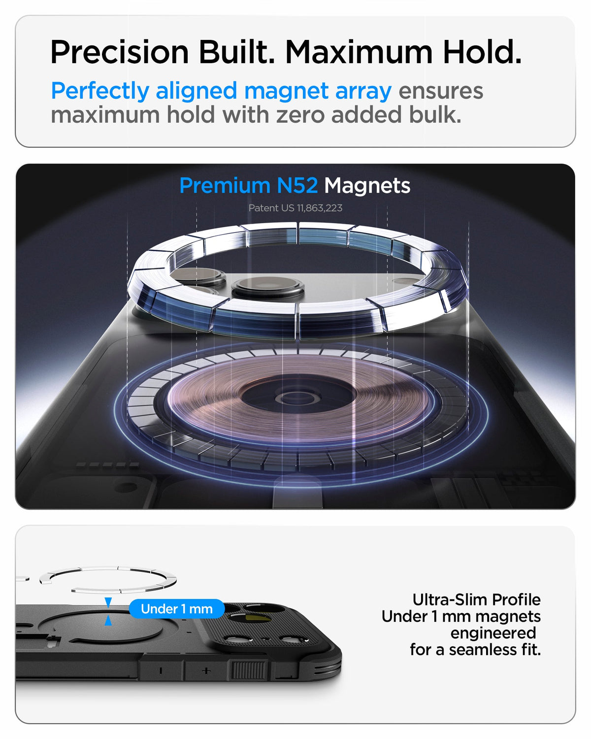 ACS09898 - iPhone 18 Pro Max / iPhone 17 Pro Max Tough Armor T Mag Fit Gunmetal showing a precision-aligned N52 magnet array with an ultra-slim profile for a secure magnetic connection