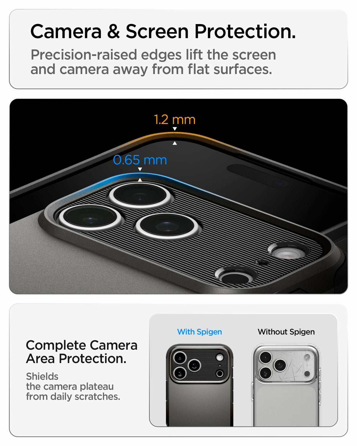 ACS09898 - iPhone 18 Pro Max / iPhone 17 Pro Max Tough Armor T Mag Fit Gunmetal showing raised screen and camera edges designed to protect against scratches and contact with flat surfaces