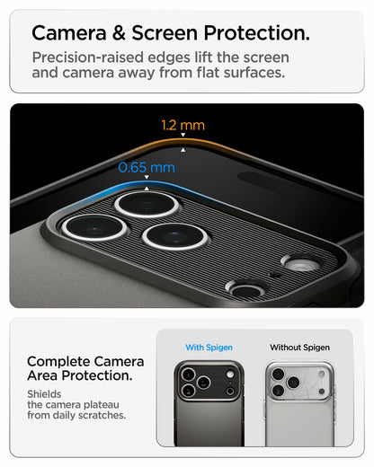 ACS09898 - iPhone 18 Pro Max / iPhone 17 Pro Max Tough Armor T Mag Fit Gunmetal showing raised screen and camera edges designed to protect against scratches and contact with flat surfaces
