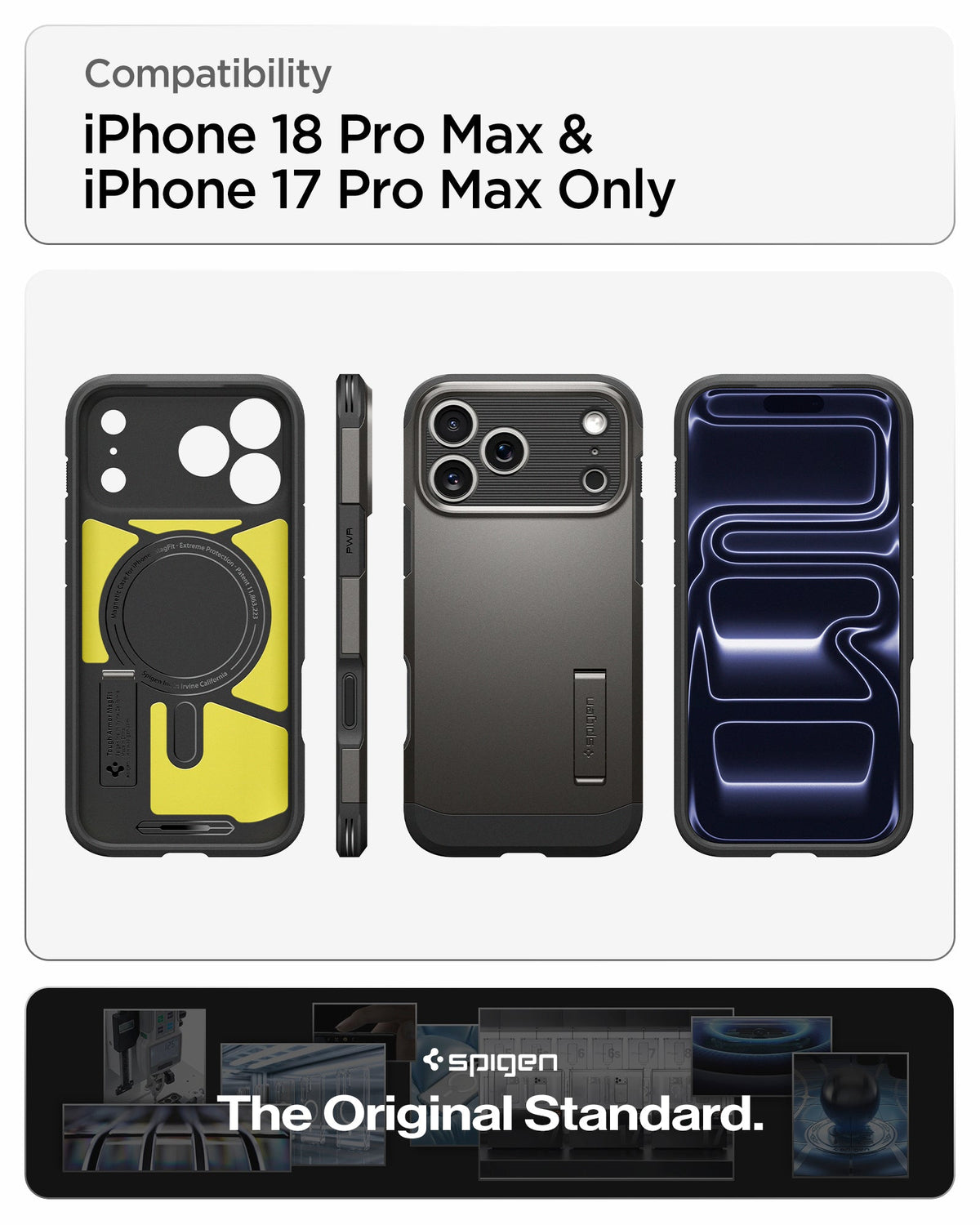 ACS09898 - iPhone 18 Pro Max / iPhone 17 Pro Max Tough Armor T Mag Fit Gunmetal showing multiple views of the case highlighting its rugged construction, magnetic design, and integrated kickstand