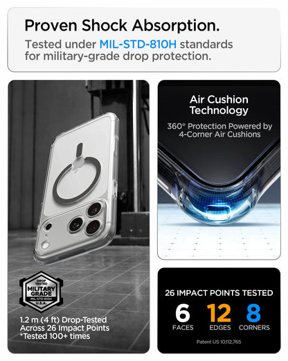 ACS10036 - iPhone 18 Pro Max / iPhone 17 Pro Max Ultra Hybrid (MagFit) in Clear Graphite showing military-grade drop protection with Air Cushion Technology and reinforced corner impact absorption