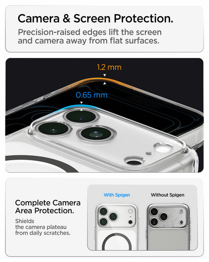 ACS10036 - iPhone 18 Pro Max / iPhone 17 Pro Max Ultra Hybrid (MagFit) in Clear Graphite showing raised edges around the screen and camera area for added protection against scratches