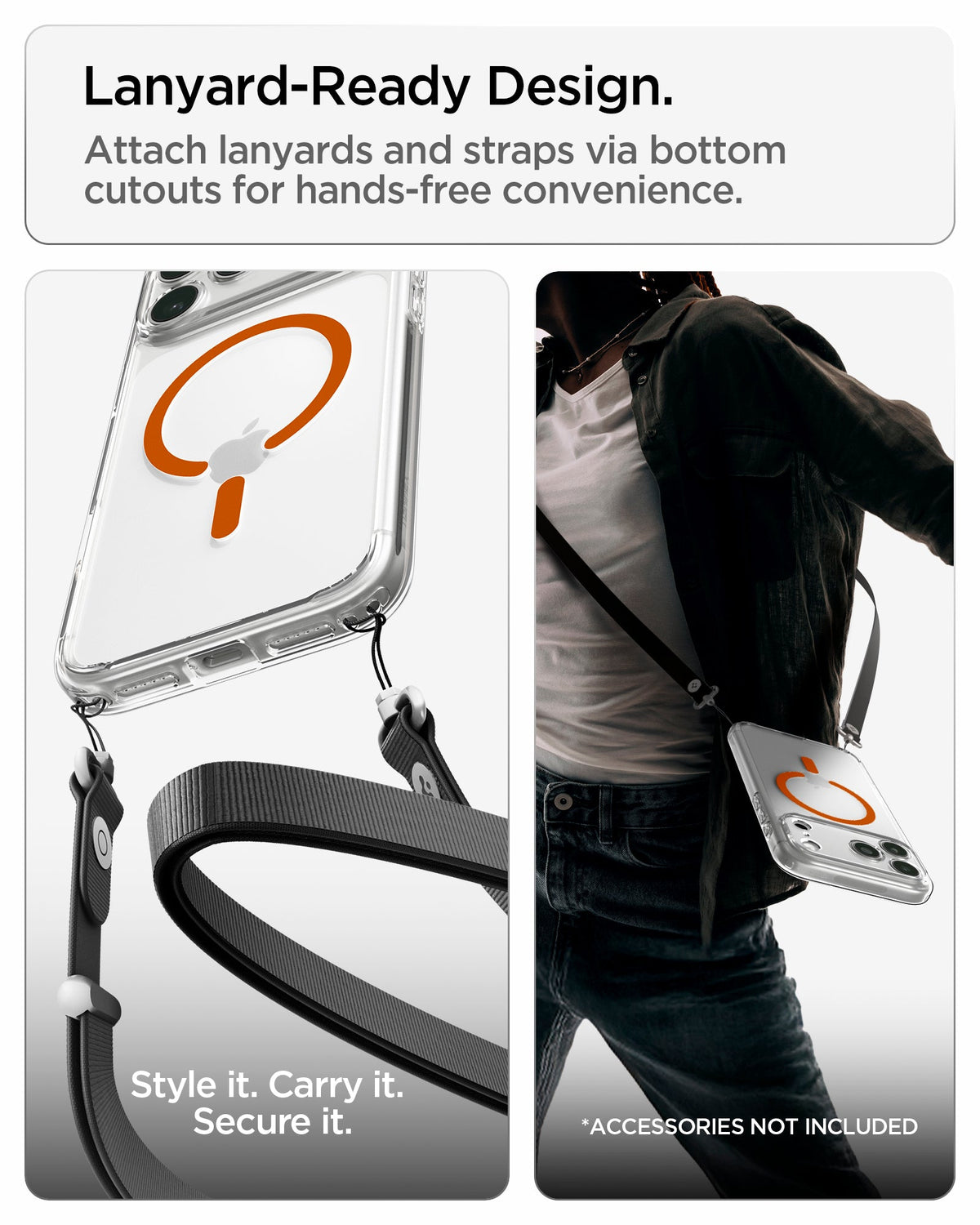 ACS11107 - iPhone 18 Pro Max / iPhone 17 Pro Max Ultra Hybrid (MagFit) in Clear Orange showing bottom lanyard cutouts for attaching straps and hands-free carrying convenience