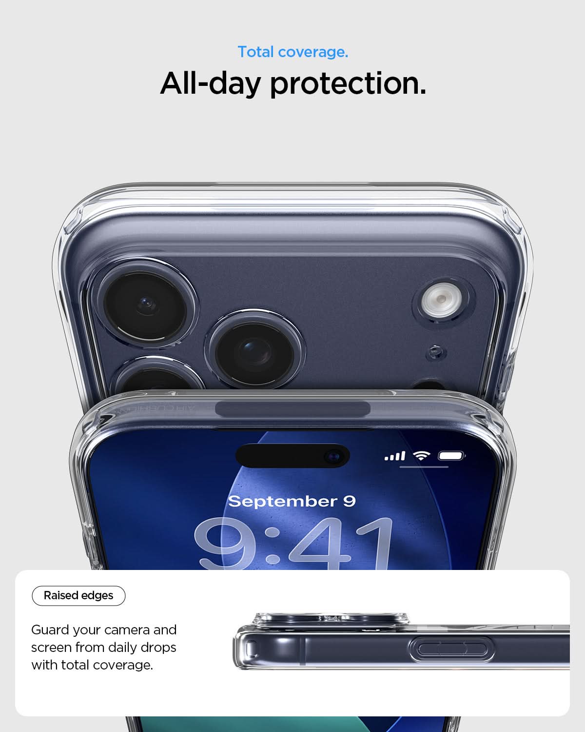 ACS10953 - iPhone 17 Pro Max Ultra Hybrid (MagFit) in Clear Deep Blue showing total coverage. all day protection. raised edges guard your camera and screen from daily drops with total coverage.
