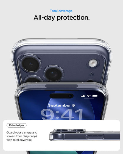 ACS10953 - iPhone 17 Pro Max Ultra Hybrid (MagFit) in Clear Deep Blue showing total coverage. all day protection. raised edges guard your camera and screen from daily drops with total coverage.