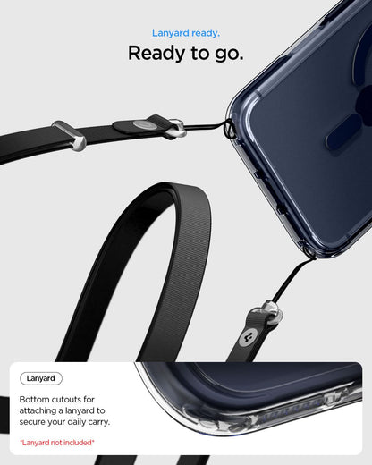 ACS10953 - iPhone 17 Pro Max Ultra Hybrid (MagFit) in Clear Deep Blue showing lanyard ready to go. bottom cutouts for attaching a lanyard to secure our daily carry