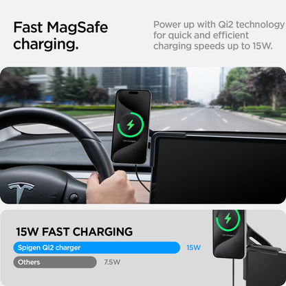 ACP07870 - Tesla Tap Pro Lock Wireless Car Mount ITLST90W in Black showing the fast magsafe charging, power u with Qi2 technology for quick and efficient charging speeds up to 15W Snap to Mount - snap on your iPhone with magsafe technology