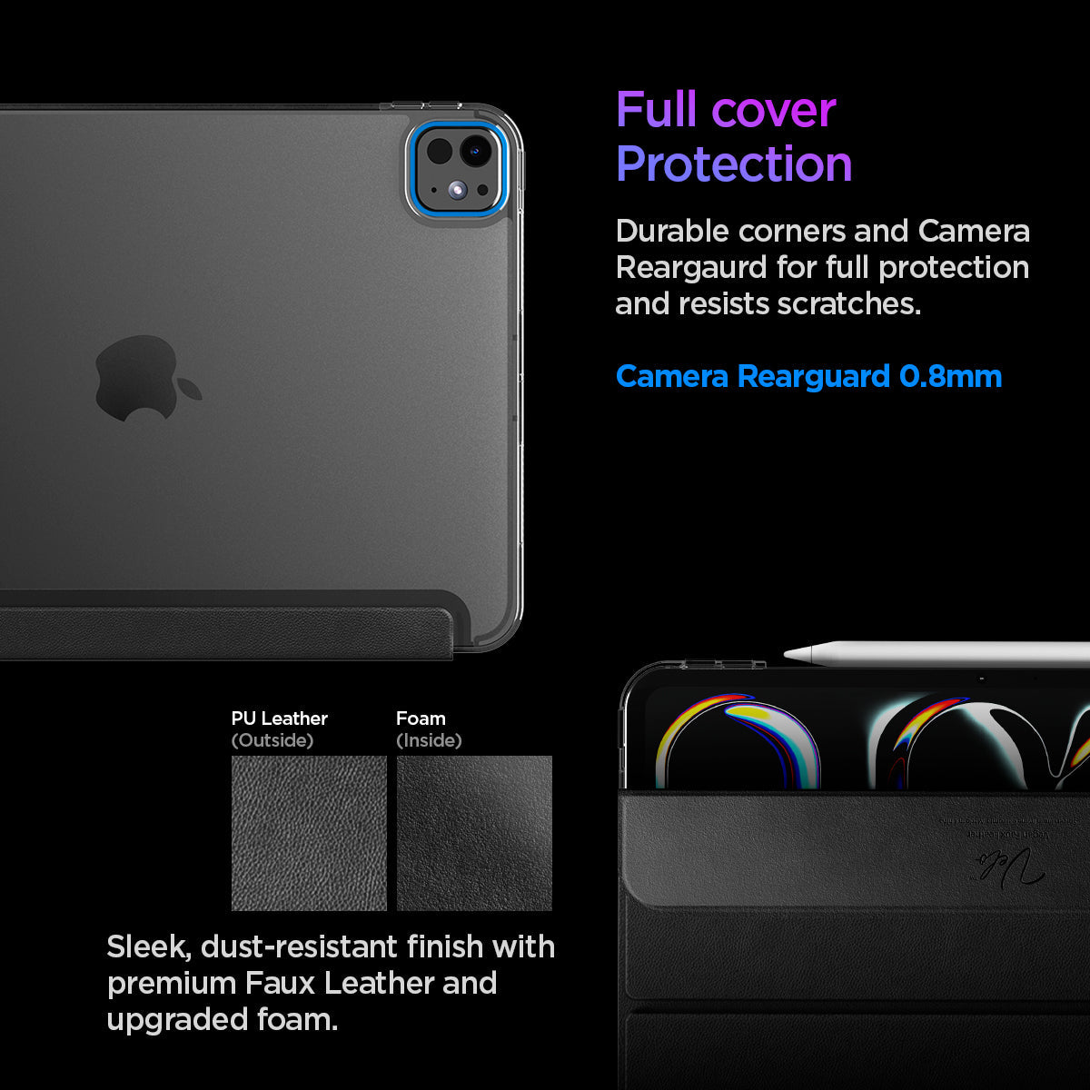 ACS09440 - iPad Pro 11-inch (2024) Case Liquid Air Folio in Black showing the full cover protection. Durable corners and camera rearguard for full protection and resists scratches. Camera Rearguard 0.8mm. Sleek, dust-resistant finish with premium Faux Leather and upgraded foam