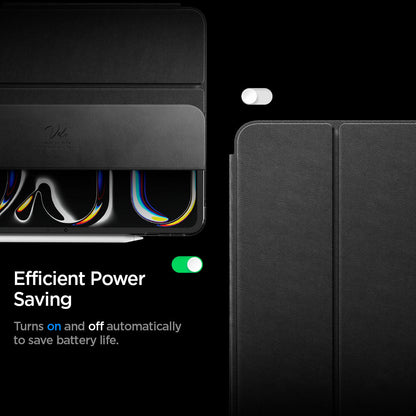 ACS09439 - iPad Pro 13-inch (2024) Case Liquid Air Folio in Black showing the efficient power saving. Turns on and off automatically to save battery life