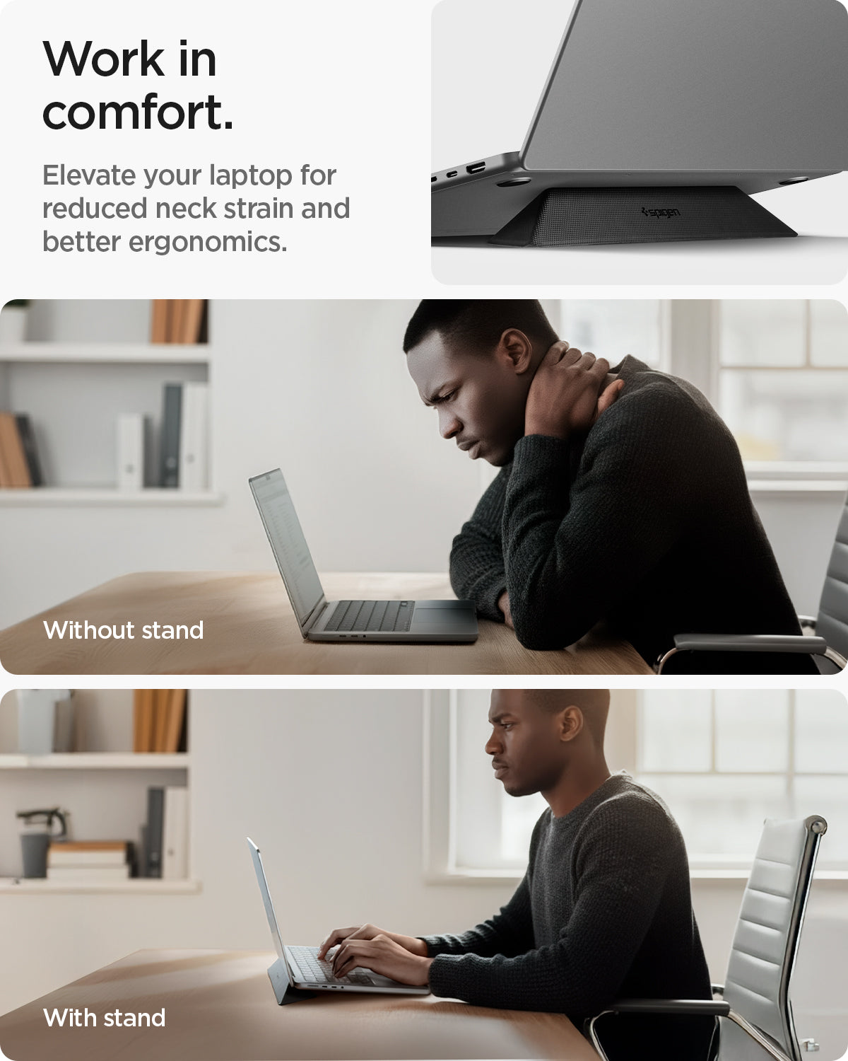 AMP10404 - Slim Fold Laptop Stand | LD201-S4 showing work in comfort. Reduce neck strain