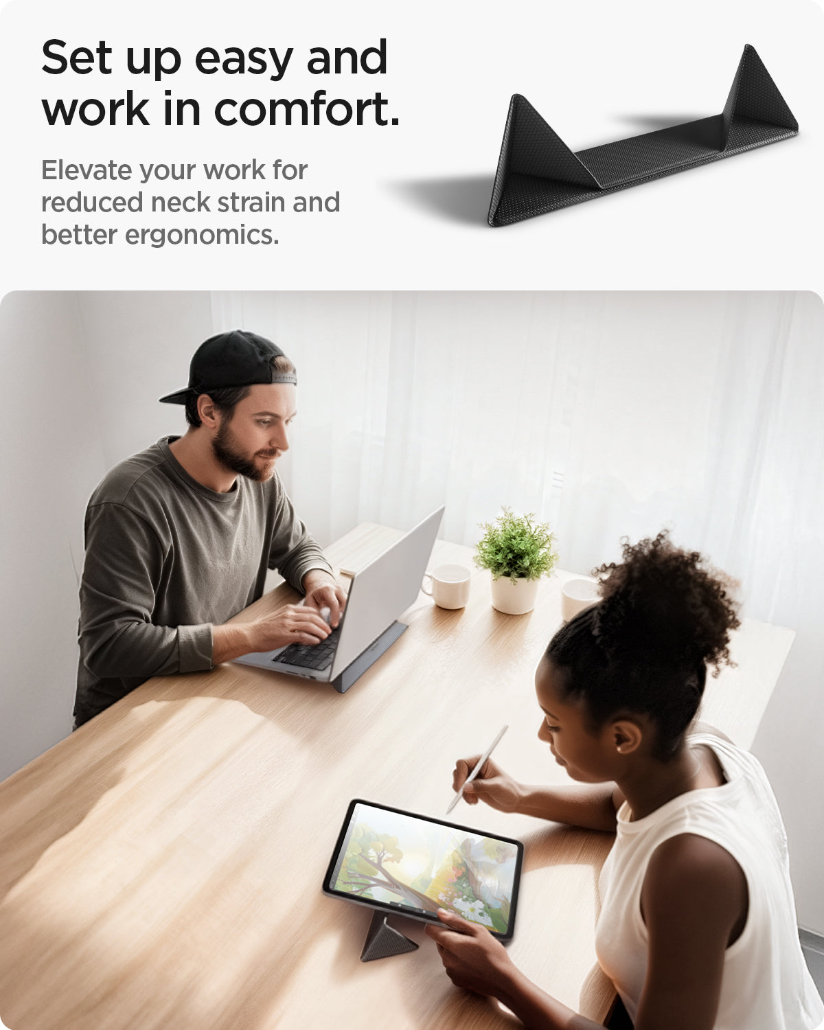 AMP10404 - Slim Fold Laptop Stand | LD201-S4 showing set up easy and work in comfort ability