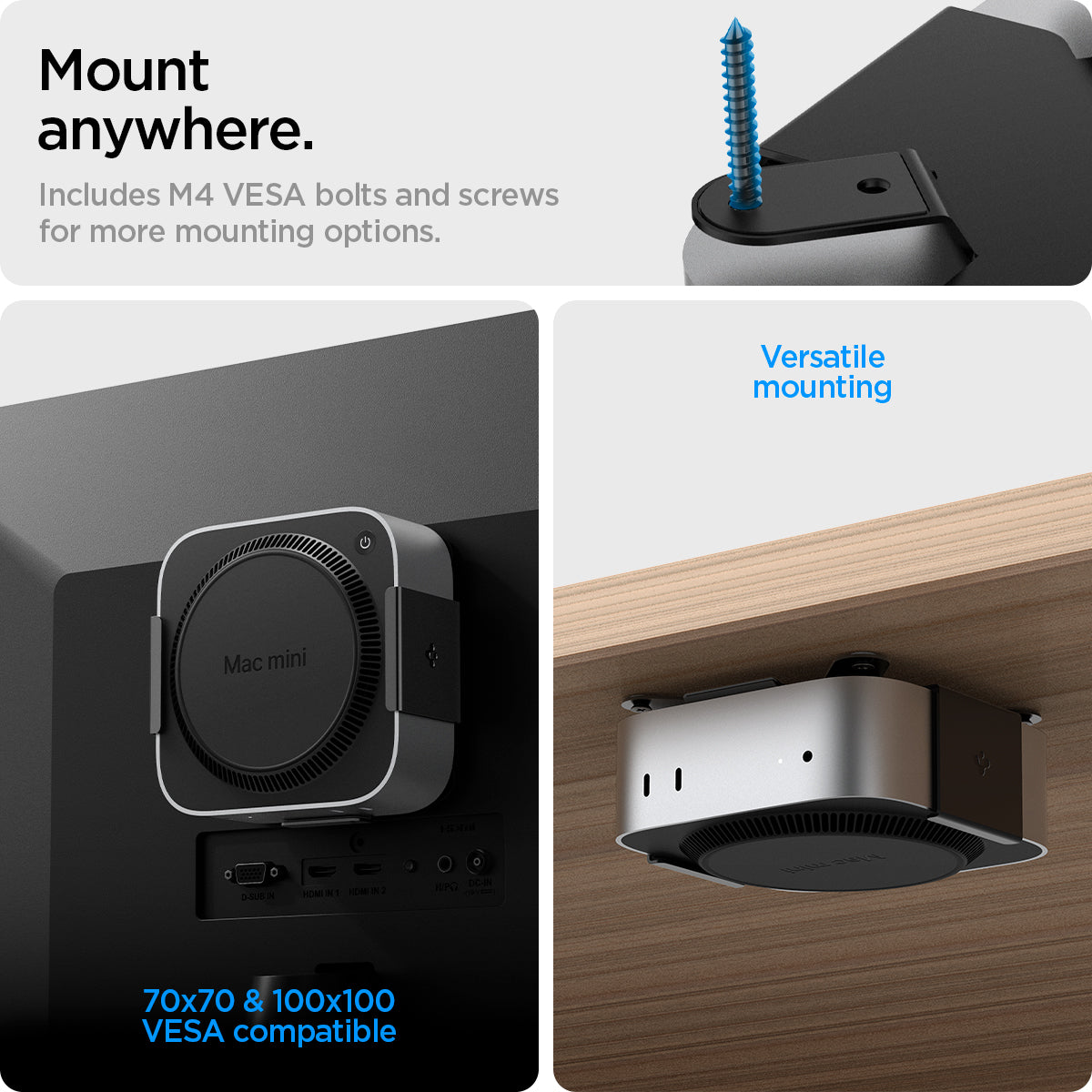 AMP09226 - Mac Mini M4 Mount LD205 in Charcoal Gray showing the mount anywhere. Includes M4 VESA bolts and screws for mor mounting options. 70x70 & 100x100 VESA compatible. Versatile mounting