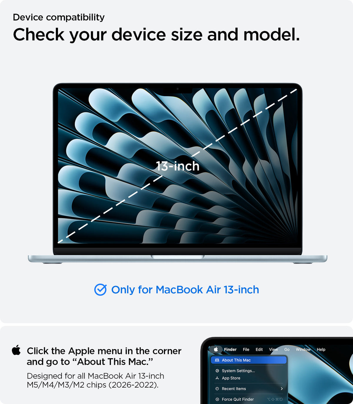 ACS10974 - MacBook Air 13-inch in Heather Gray showing device compatibility for MacBook Air 13-inch M5/M4/M3/M2 chips (2026-2022)