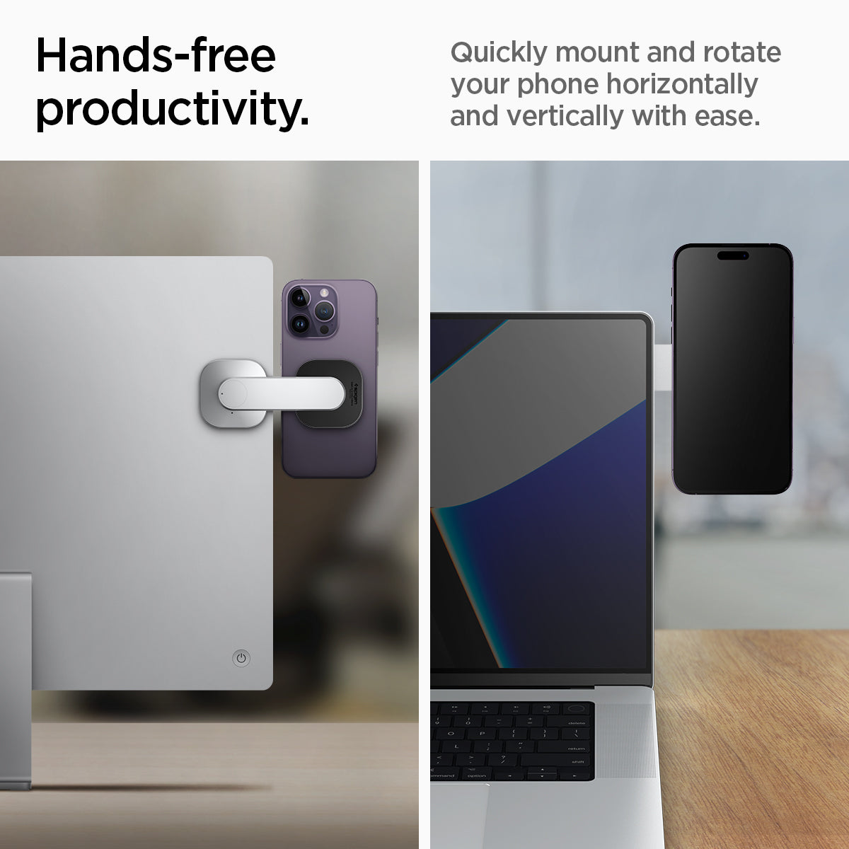 AMP06049 - S312 OneTap Monitor / Laptop Mount (MagFit) in black showing the hands-free productivity. Quick mount and rotate your phone horizontally and vertically with ease