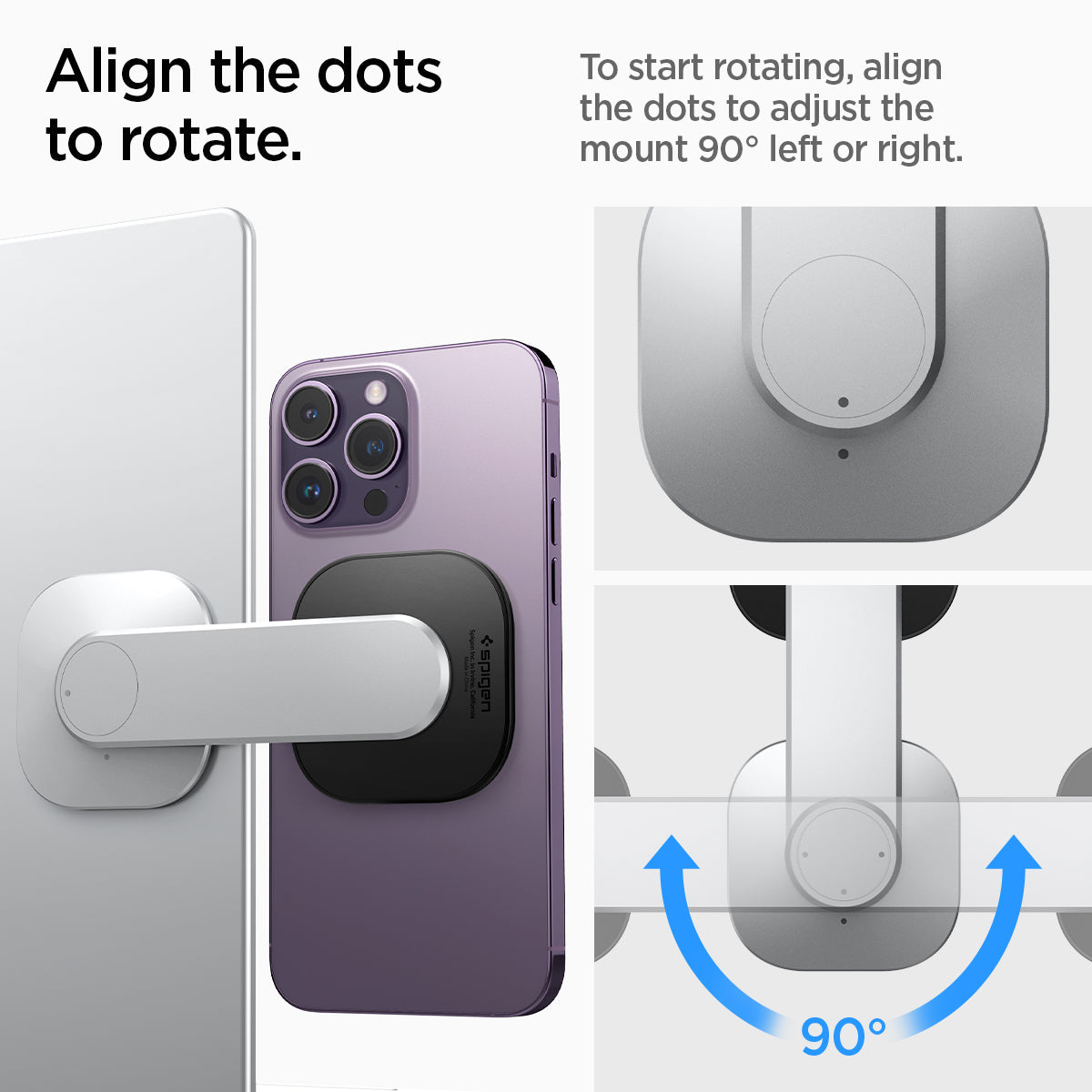 AMP06049 - S312 OneTap Monitor / Laptop Mount (MagFit) in black showing the aligning the dots to rotate. To start rotating, align the dots to adjust the mount 90 degrees left or right