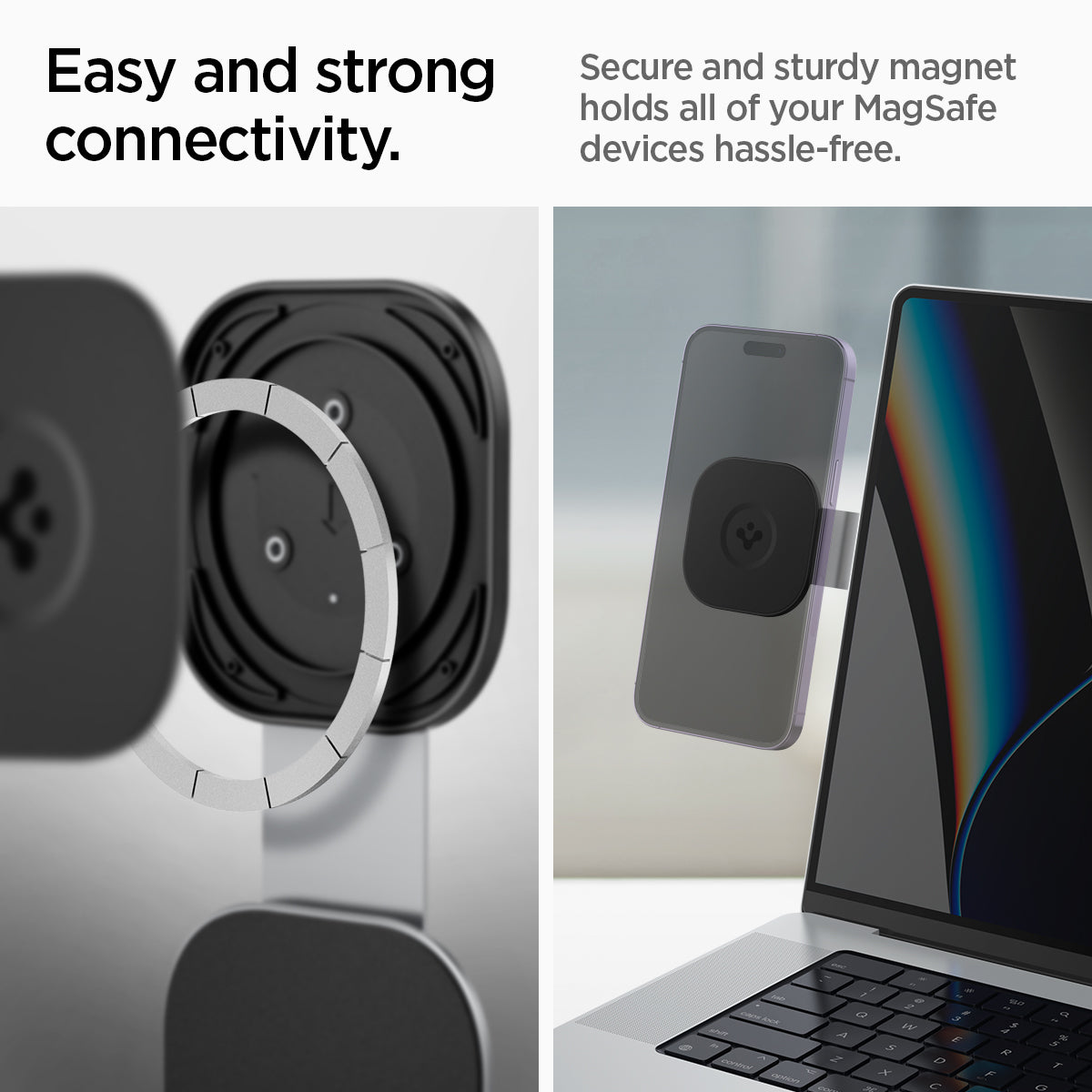 AMP06049 - S312 OneTap Monitor / Laptop Mount (MagFit) in black showing the easy and strong connectivity. Secure and sturdy magnet holds all of your MagSafe devices hassle-free
