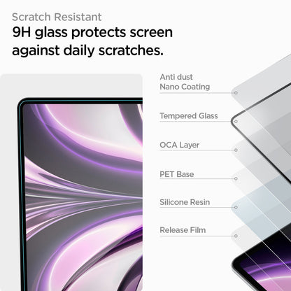 AGL05504 - MacBook Air 13-inch (2022) GLAS.tR SLIM in Clear showing how it's scratch resistant. 9H glass protects screen against daily scratches. Layers: Anti dust Nano Coating, Tempered Glass, OCA Layer, PET Base, Silicone Resin and Release Film
