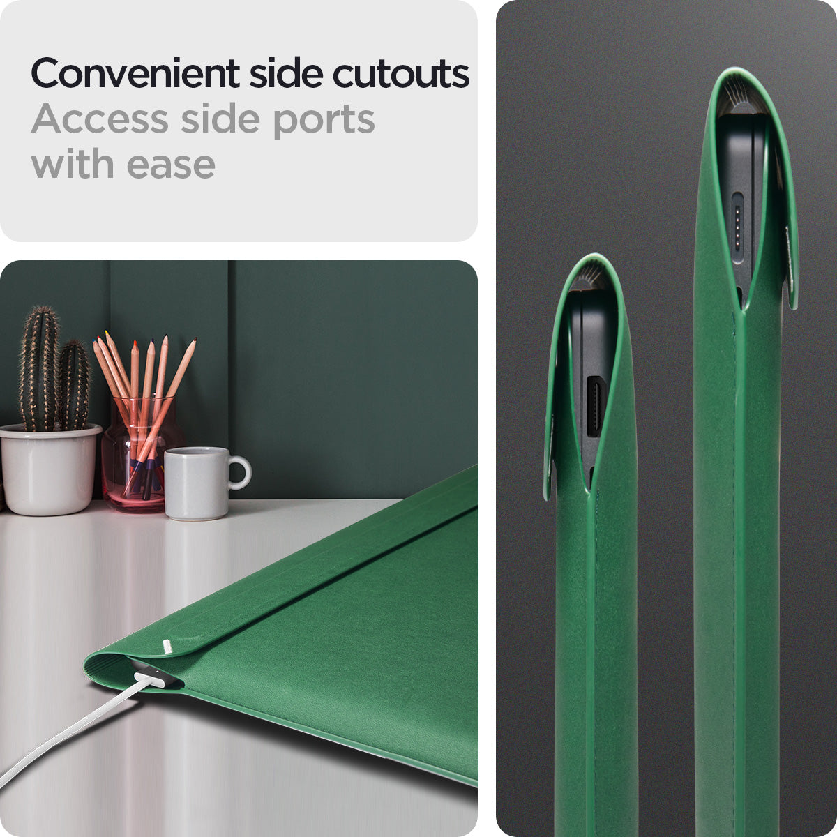 AFA06417 - MacBook Pro 14-inch Valentinus Laptop Pouch in JeJu Green showing convenient side cutouts for easy access to charging and side ports