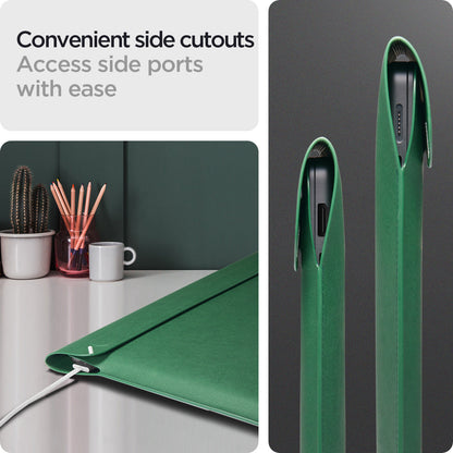 AFA06423 - MacBook Pro 14-inch Valentinus S Laptop Pouch in Jeju Green side cutout design allowing easy access to laptop charging and ports
