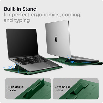 AFA06423 - MacBook Pro 14-inch Valentinus S Laptop Pouch in Jeju Green built in stand feature with high angle and low angle laptop support modes