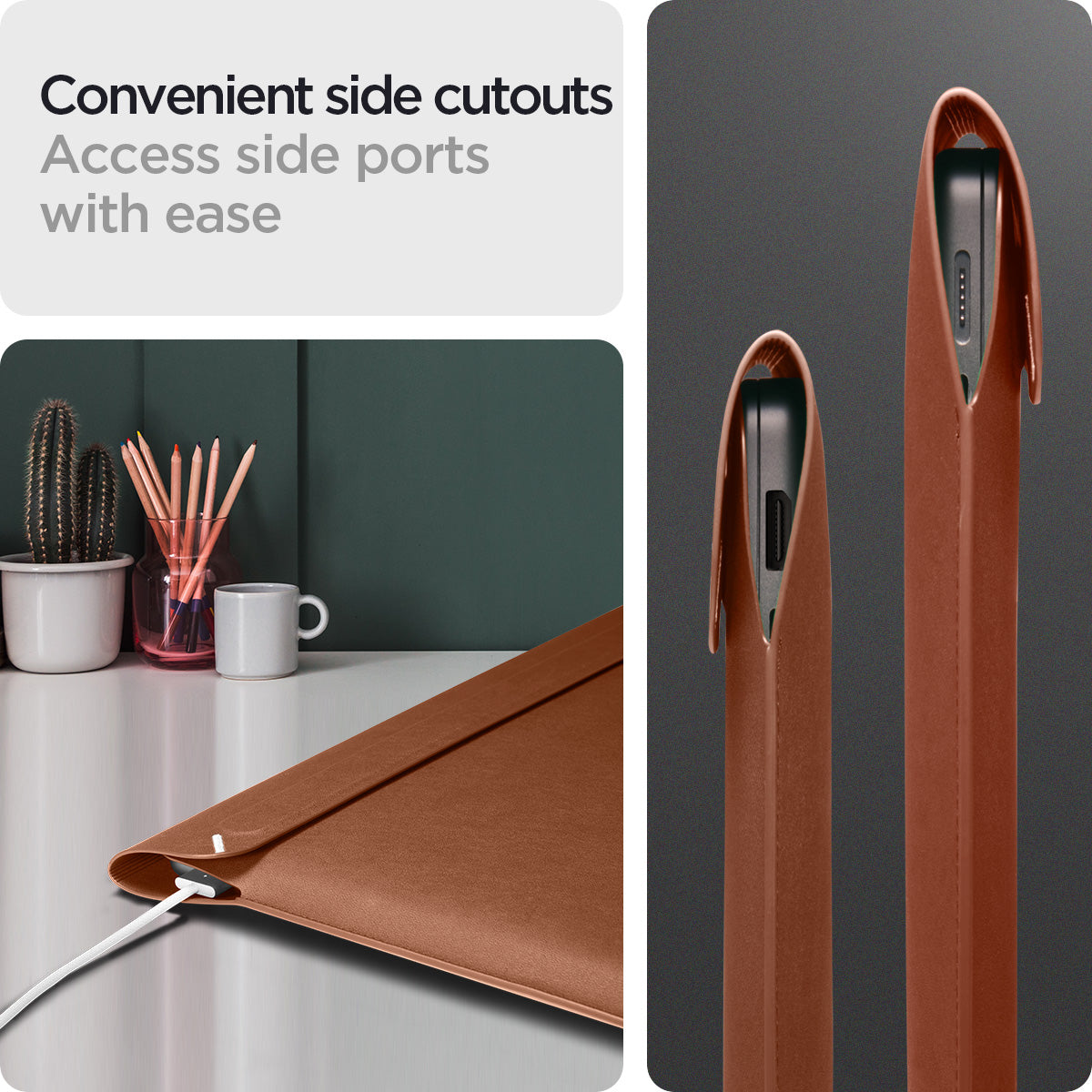AFA06425 - MacBook Pro 16-inch Valentinus S Laptop Pouch in Classic Brown side cutout design allowing easy access to laptop charging and ports