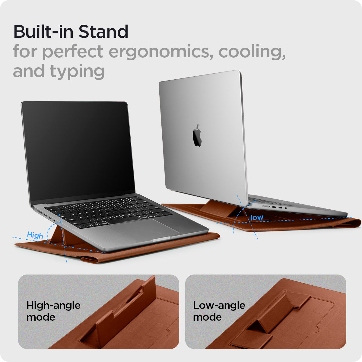 AFA06425 - MacBook Pro 16-inch Valentinus S Laptop Pouch in Classic Brown built in stand feature with high angle and low angle laptop support modes