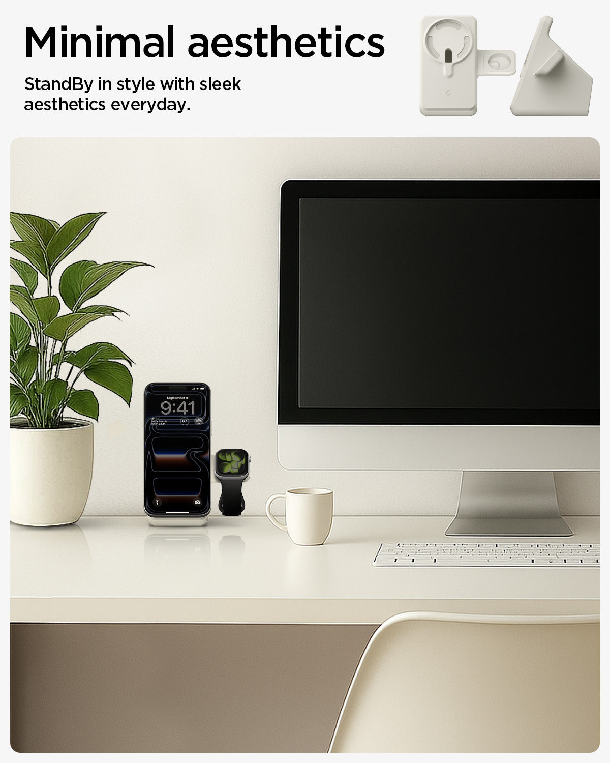 AMP09173 - Magsafe Duo Charger Stand (Mag Fit) in Dune Beige showing the minimal aesthetics. StandBy in style with sleek aesthetics every day.