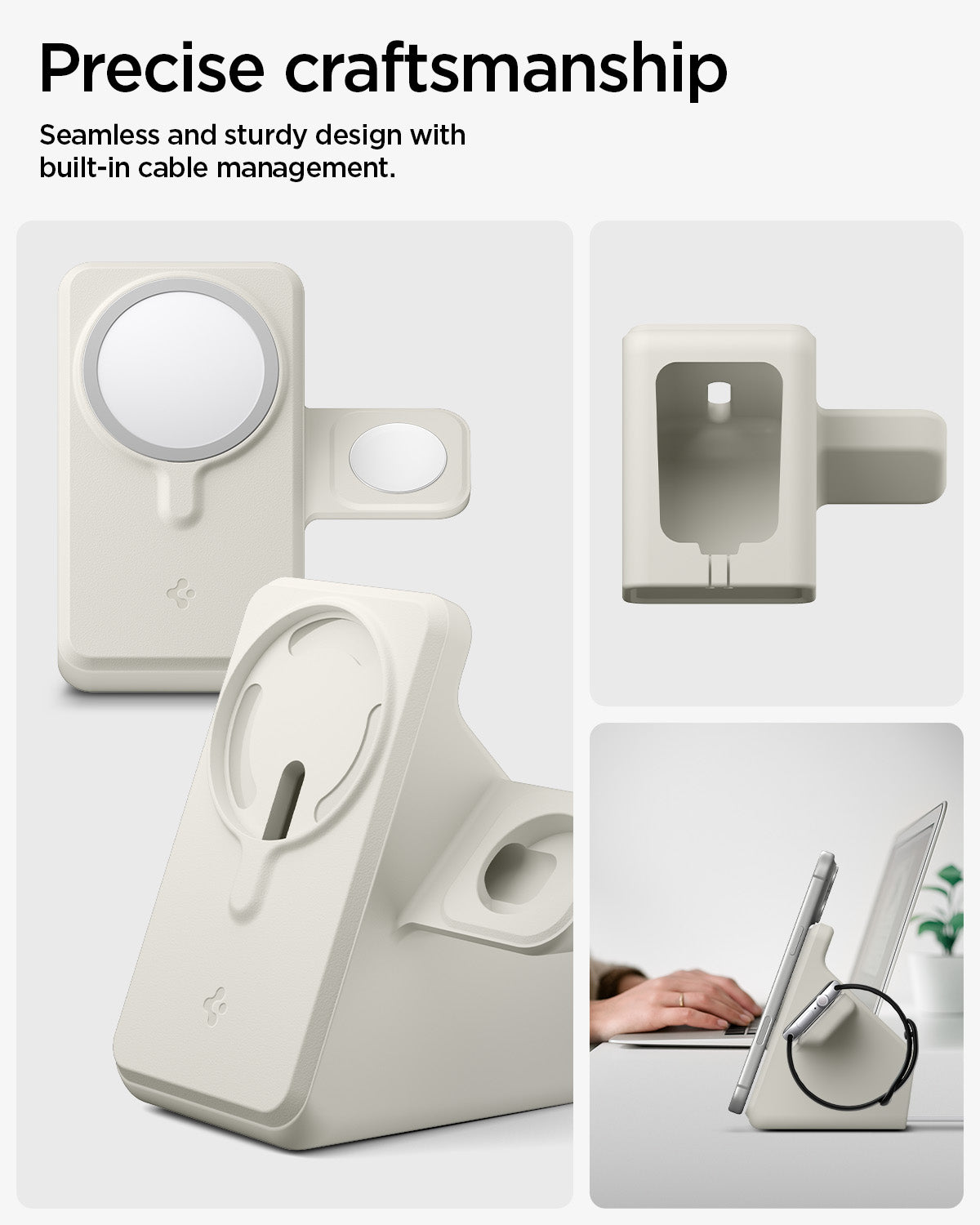 AMP09173 - Magsafe Duo Charger Stand (Mag Fit) in Dune Beige showing the precise craftsmanship. Seamless and sturdy design with built-in cable management.