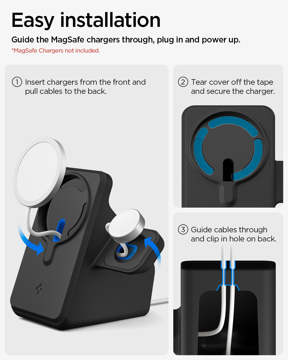 AMP09172 - Magsafe Duo Charger Stand (Mag Fit) in Black showing the easy installation. Guide the Magsafe chargers through, plug-in and power-up. 1. Insert charges from the front, and pull cables to the back 2. Tear cover off the tape and secure the charger 3. Guide cables through and clip in hole on back.