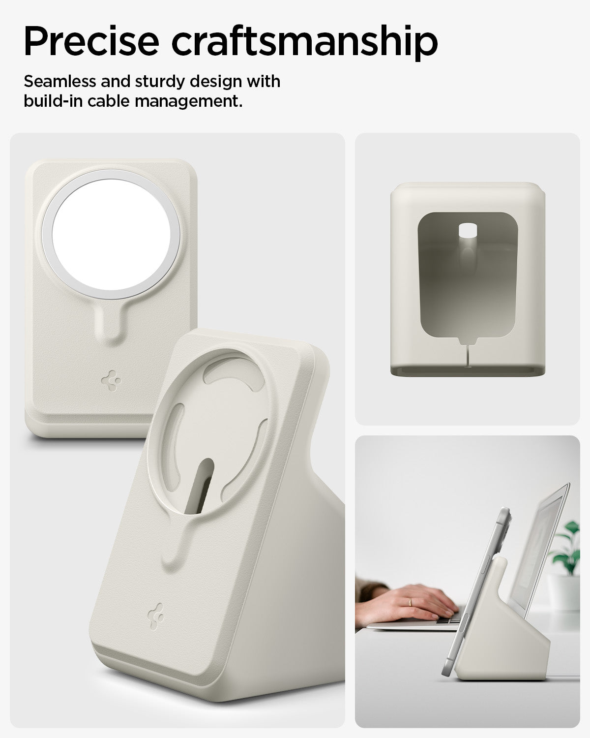 AMP09171 - Magsafe Charger Stand (Mag Fit) in Dune Beige showing the precise craftsmanship. Seamless and sturdy design with build-in cable management