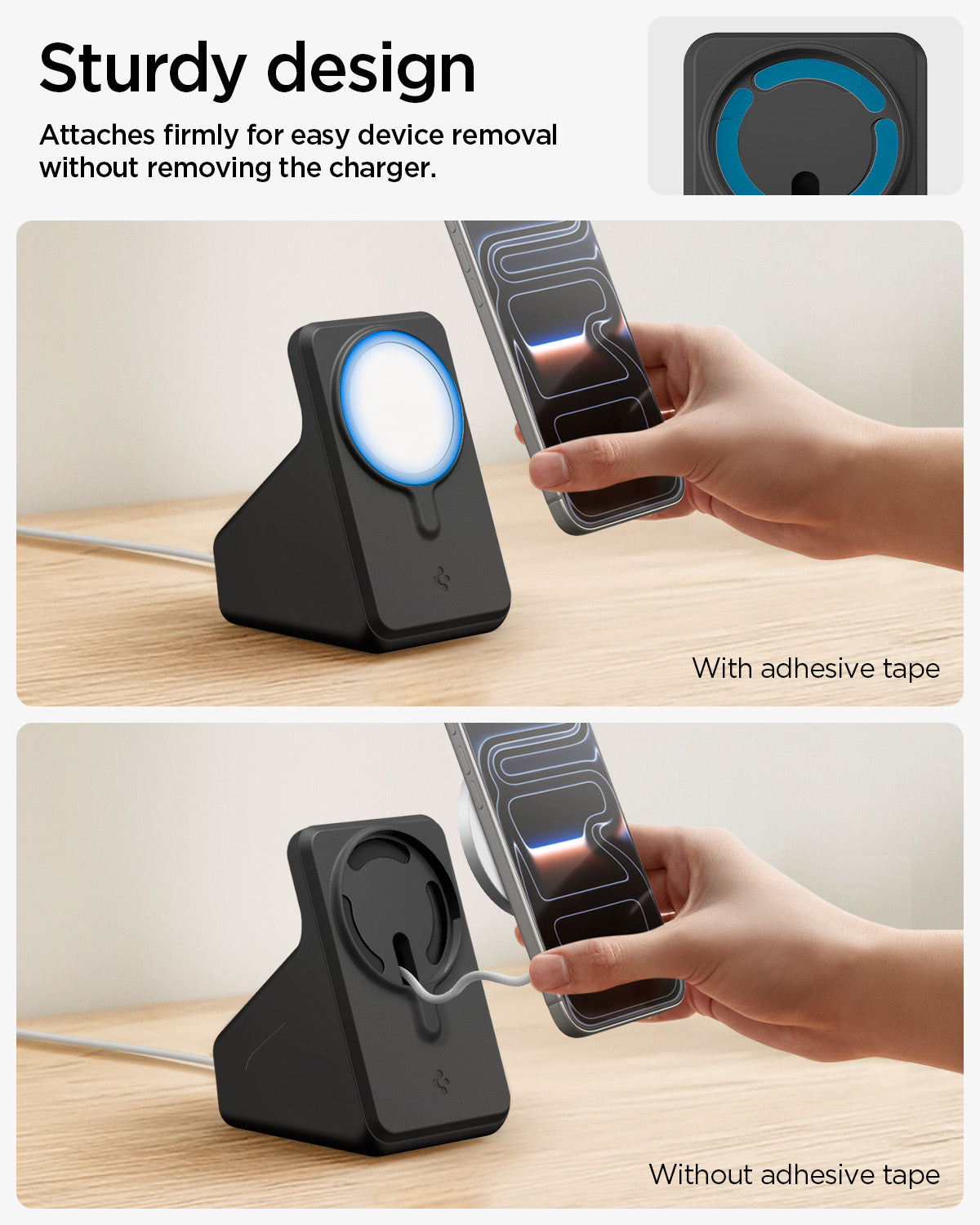 AMP09170 - Magsafe Charger Stand (Mag Fit) in Black showing the sturdy design. Attaches firmly for easy device removal without removing the charger