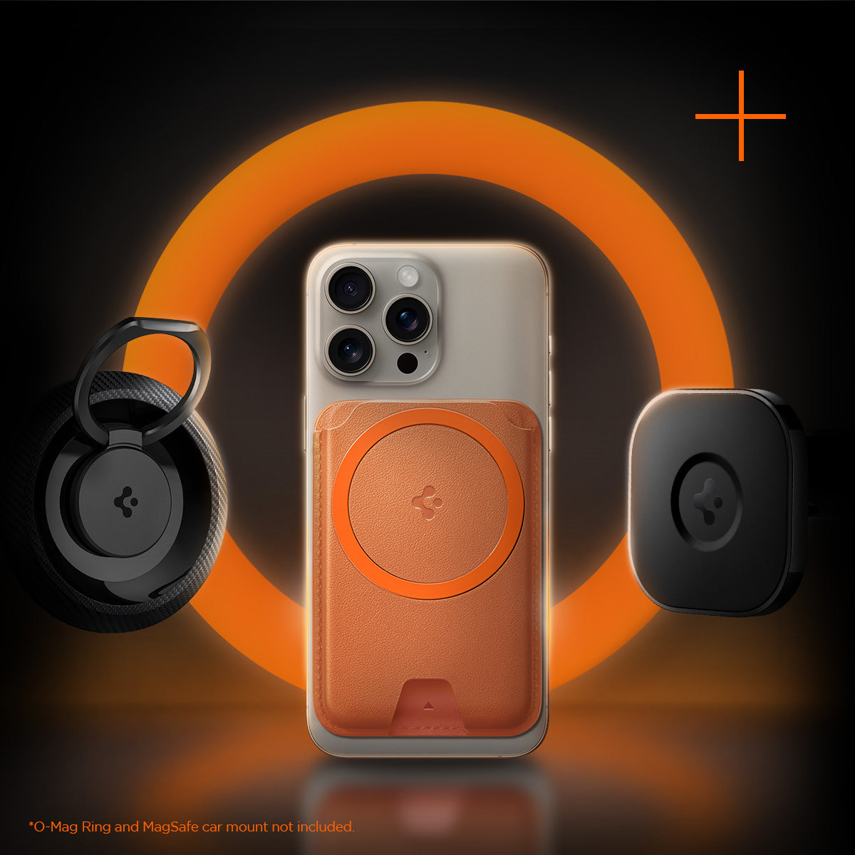 AFA11340 - MagSafe Card Holder Valentinus | 3 Cards (Mag Fit+) in Metallic Orange showing showing products and o mag ring