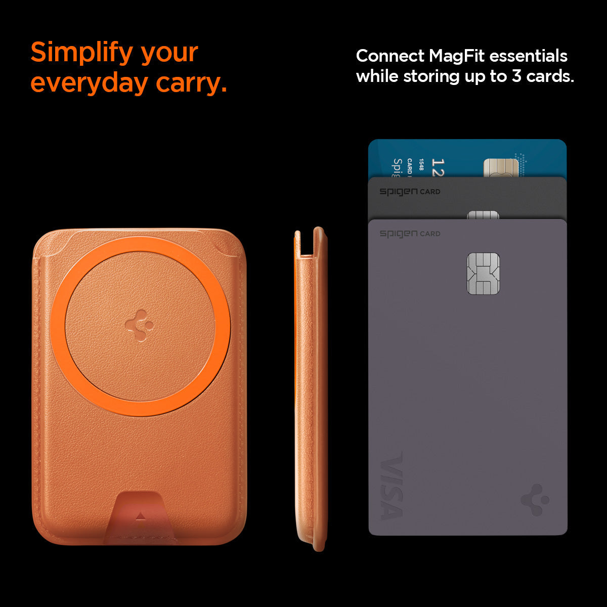 AFA11340 - MagSafe Card Holder Valentinus | 3 Cards (Mag Fit+) in Metallic Orange showing the simplify your everyday carry, connect magfit essentials while storing up to 3 cards