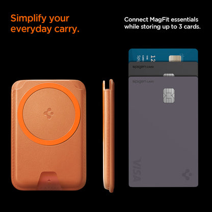 AFA11340 - MagSafe Card Holder Valentinus | 3 Cards (Mag Fit+) in Metallic Orange showing the simplify your everyday carry, connect magfit essentials while storing up to 3 cards