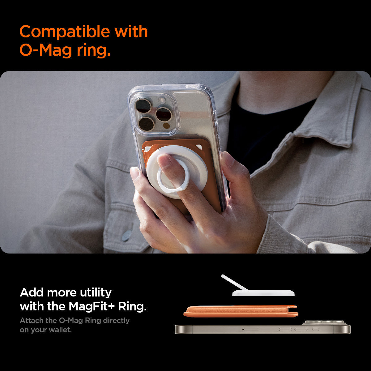 AFA11340 - MagSafe Card Holder Valentinus | 3 Cards (Mag Fit+) in Metallic Orange showing the compatible with O-Mag ring, add more utility with the magfit+ring, attach the o-mag ring directly on you wallet